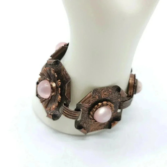 Large Wide Copper Embossed Pink Acrylic Moonstone Bracelet 8" - Picture 4 of 6